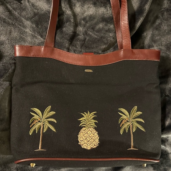 Scala Embroidered Twin Palms and Pineapple Black with Brown Leather Trim Handbag - Picture 1 of 15